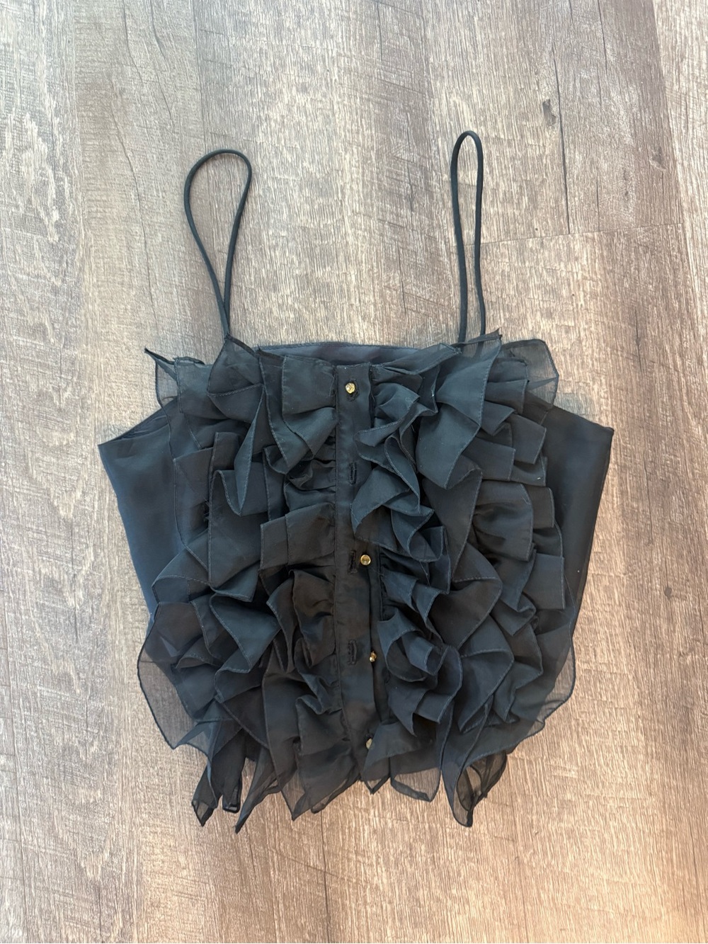 Women's Black Ruffle Chiffon Spaghetti Strap Top
